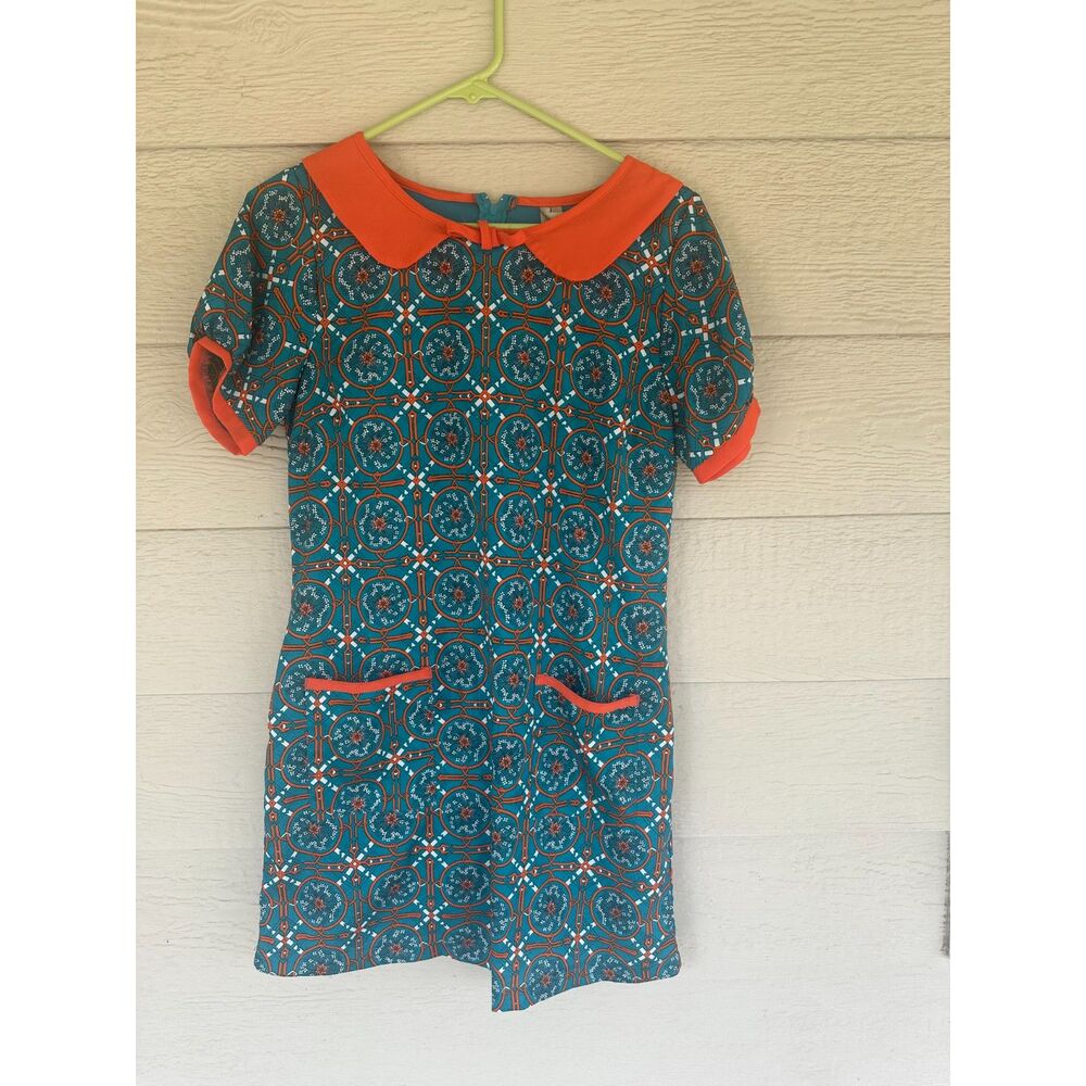Mono B Retro Mod Geometric Peter Pan Collar Mini Shift Dress Teal Orange - M